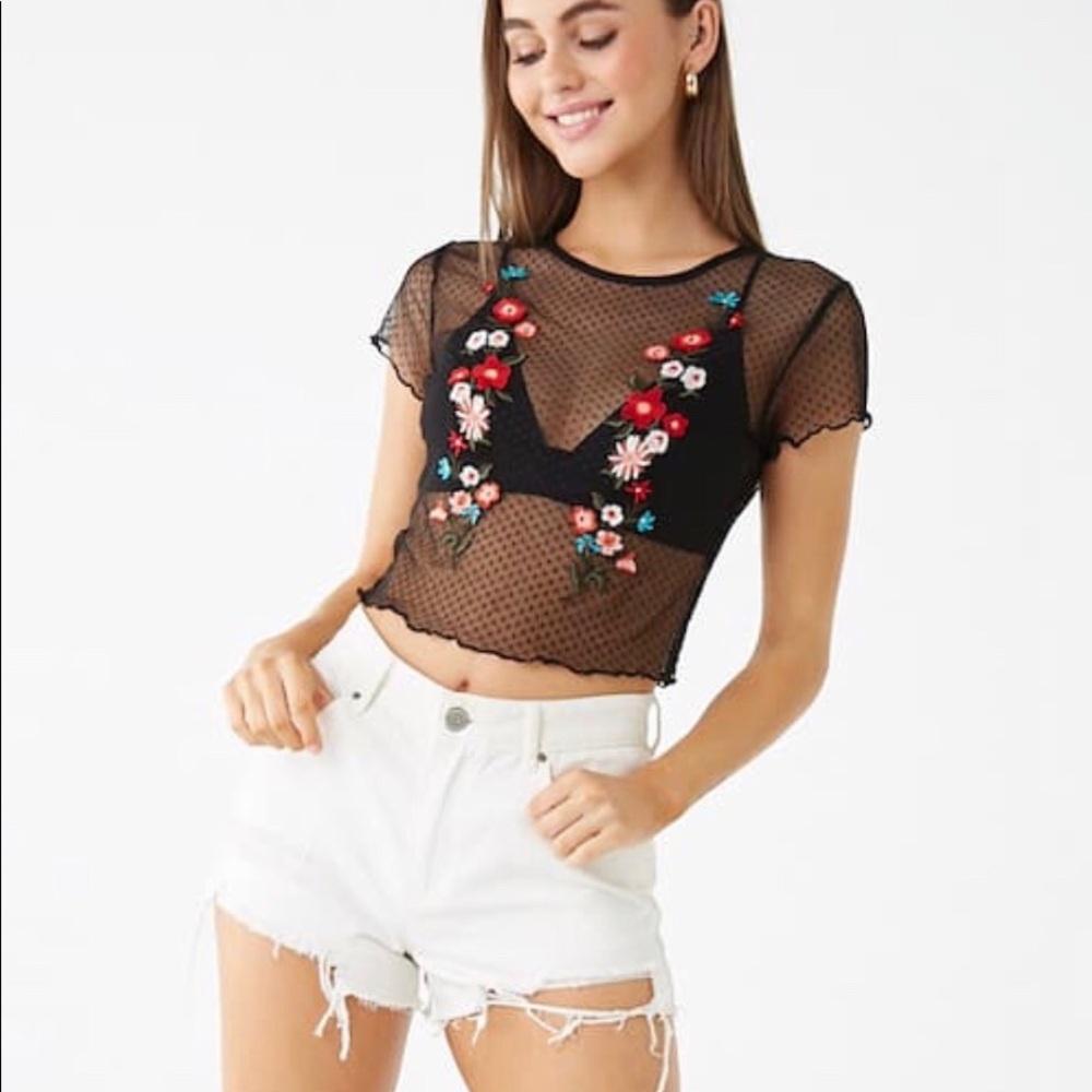 Floral Embroidered Mesh Top
